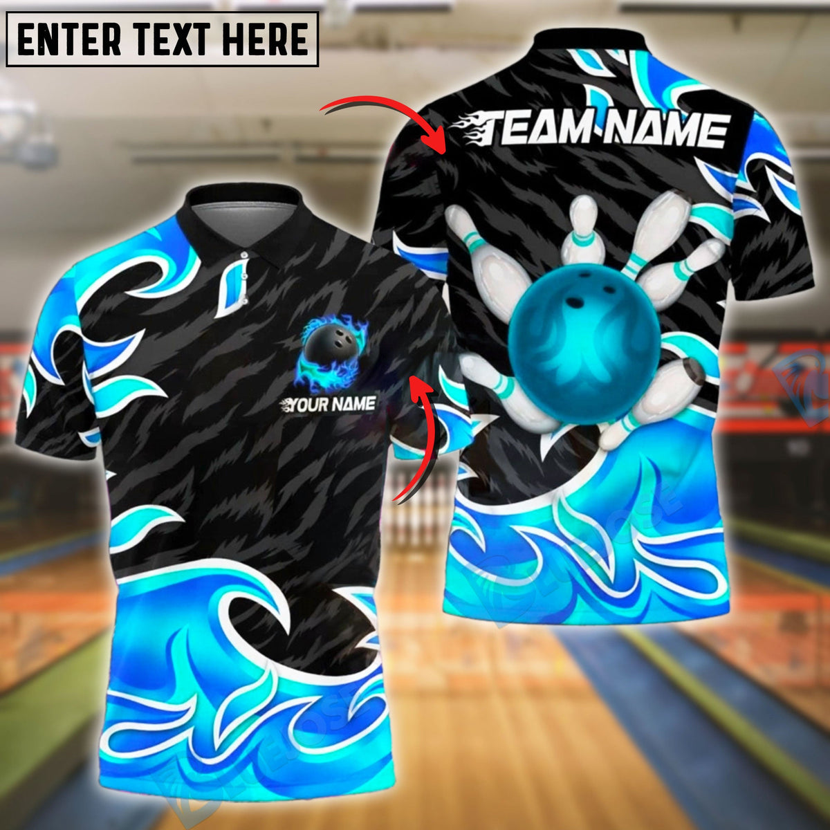 BlueJose Bowling And Pins Flaming Strike Customized Name, Team Name 3D Shirt (4 Colors)