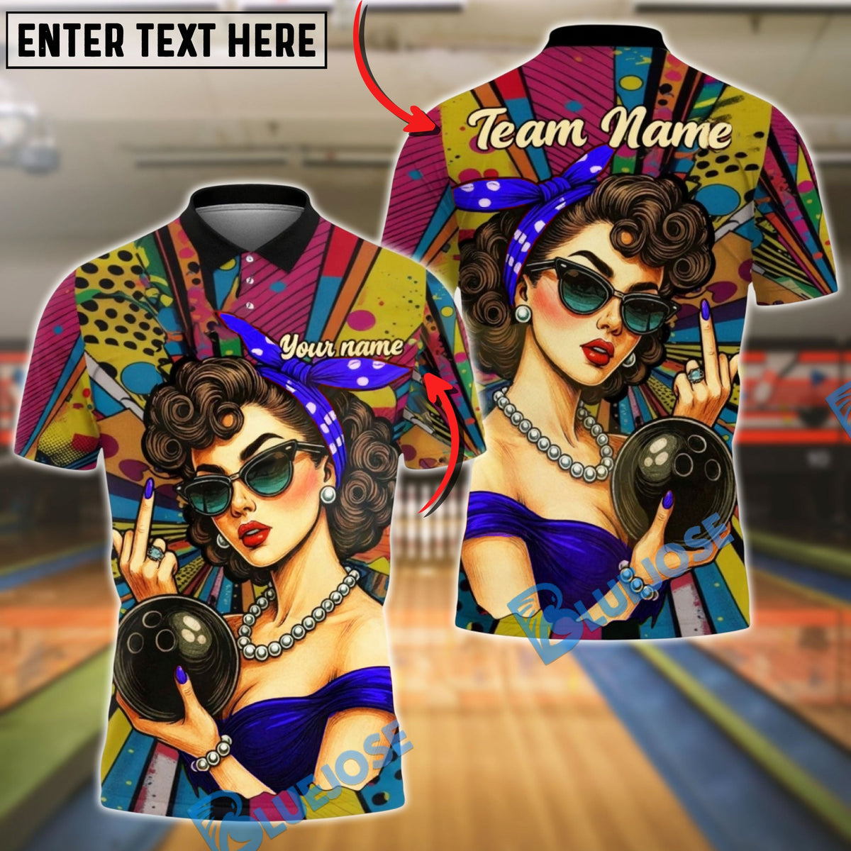 BlueJose Bowling Retro Pin-Up Girl Customized Name, Team Name 3D Shirt (4 Colors)