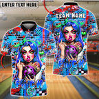 BlueJose Bowling & Pins Punk Girl Graffiti Wall Bowling Ball Tattoo Style Customized Name, Team Name 3D Shirt (6 Colors)