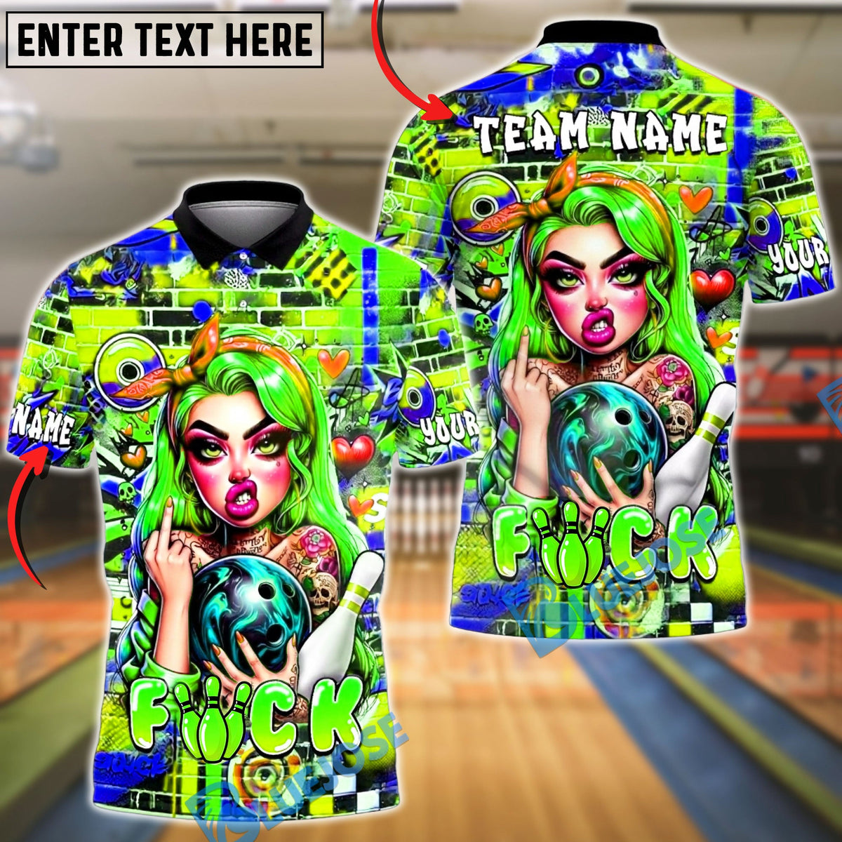 BlueJose Bowling & Pins Punk Girl Graffiti Wall Bowling Ball Tattoo Style Customized Name, Team Name 3D Shirt (6 Colors)
