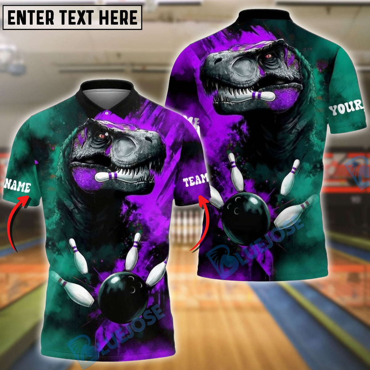 BlueJose Bowling & Pins Dinosaur Smash Design Customized Name, Team Name 3D Shirt (4 Colors)
