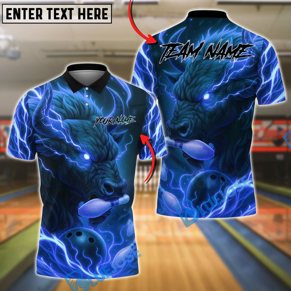 BlueJose Bowling And Pins Fire Bull Flaming Customized Name, Team Name 3D Shirt (4 Colors)