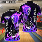 BlueJose Bowling & Pins Flaming Biker Skull Middle Finger Customized Name, Team Name 3D Shirt (4 Colors)
