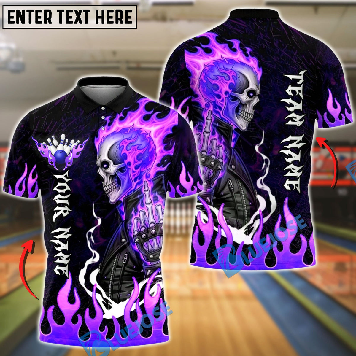 BlueJose Bowling & Pins Flaming Biker Skull Middle Finger Customized Name, Team Name 3D Shirt (4 Colors)
