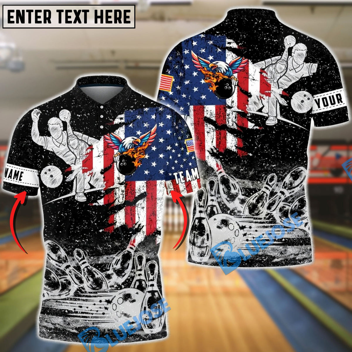 BlueJose Bowling & Pins Eagle American Flag Retro Vintage Style Customized Name, Team Name 3D Shirt (4 Colors)