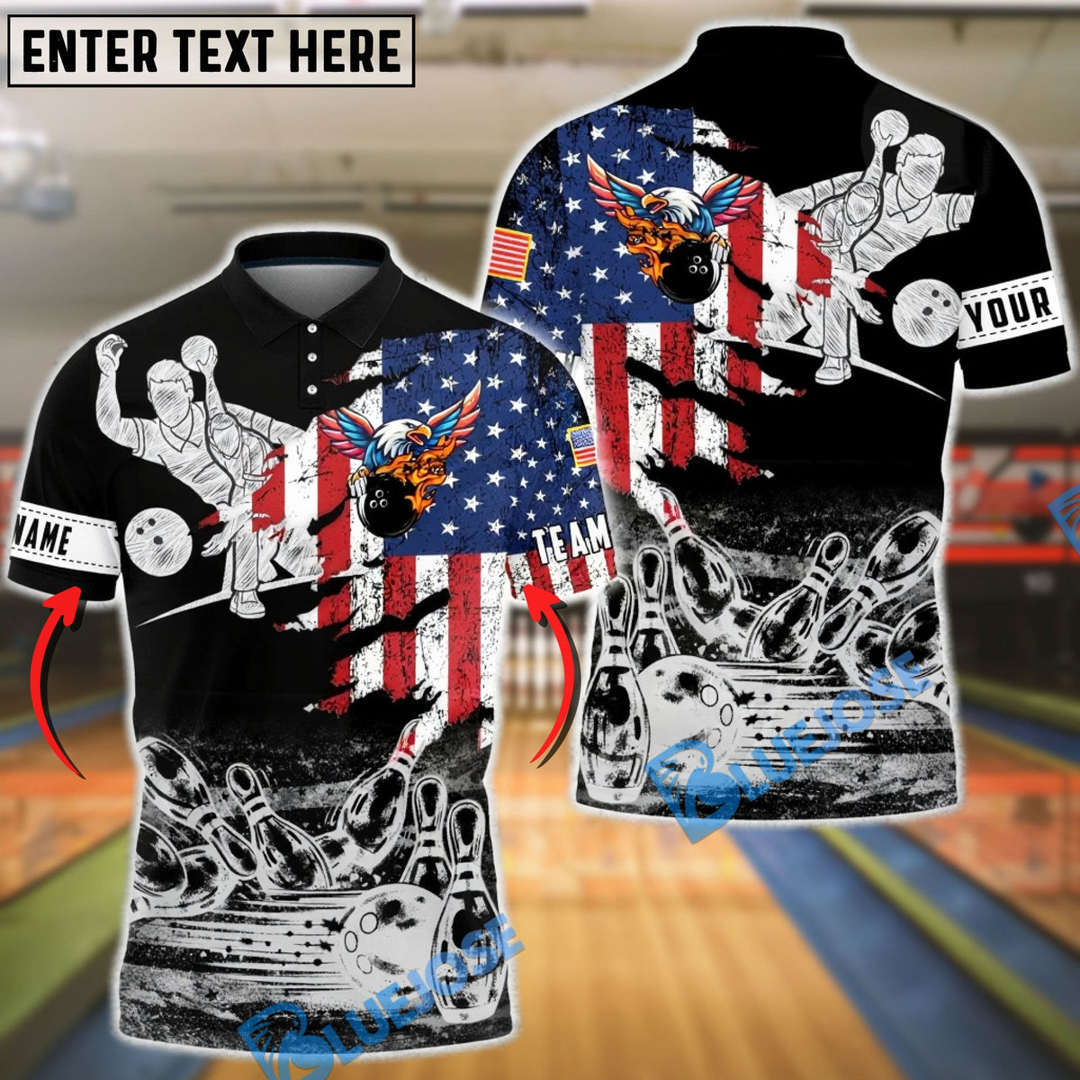 BlueJose Bowling & Pins Eagle American Flag Retro Vintage Style Customized Name, Team Name 3D Shirt (4 Colors)