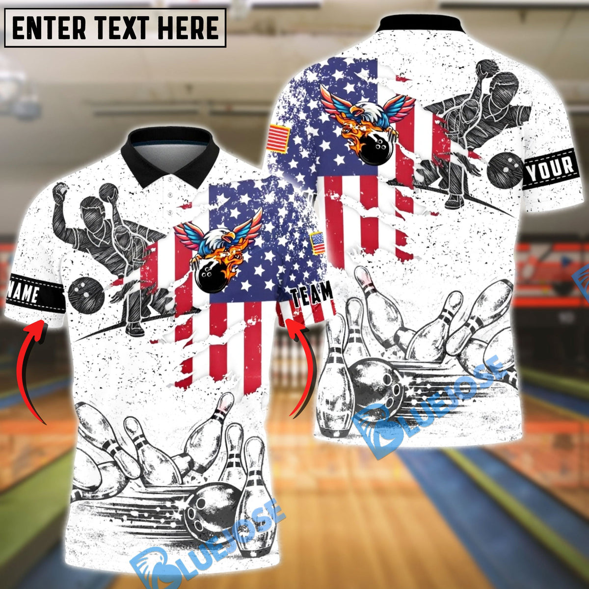BlueJose Bowling & Pins Eagle American Flag Retro Vintage Style Customized Name, Team Name 3D Shirt (4 Colors)