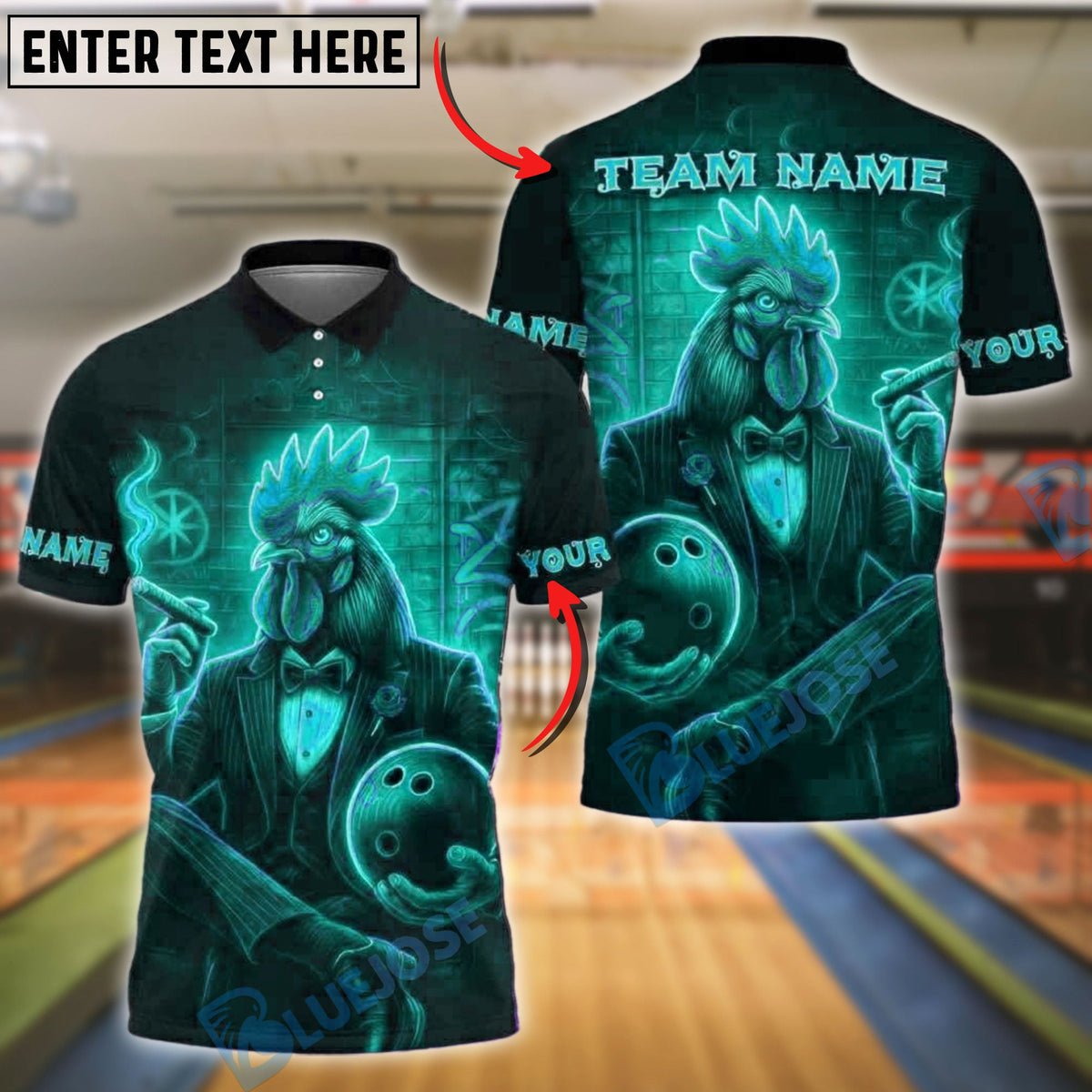 BlueJose Bowling Neon Rooster Customized Name, Team Name 3D Shirt (4 Colors)