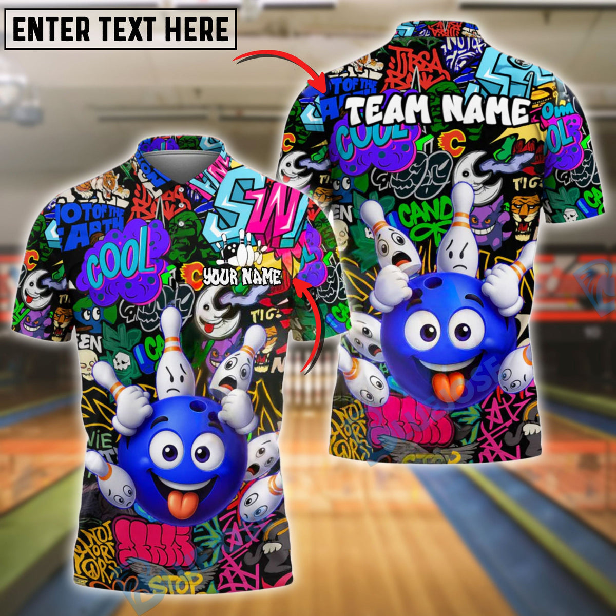 BlueJose Bowling Madness Graffiti Style Customized Name, Team Name 3D Shirt (4 Colors)