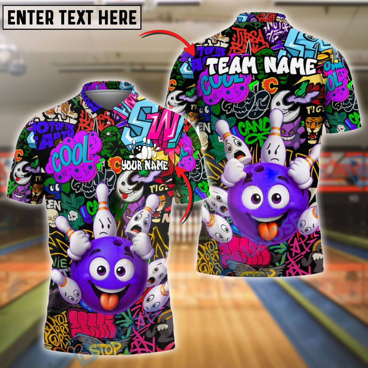BlueJose Bowling Madness Graffiti Style Customized Name, Team Name 3D Shirt (4 Colors)