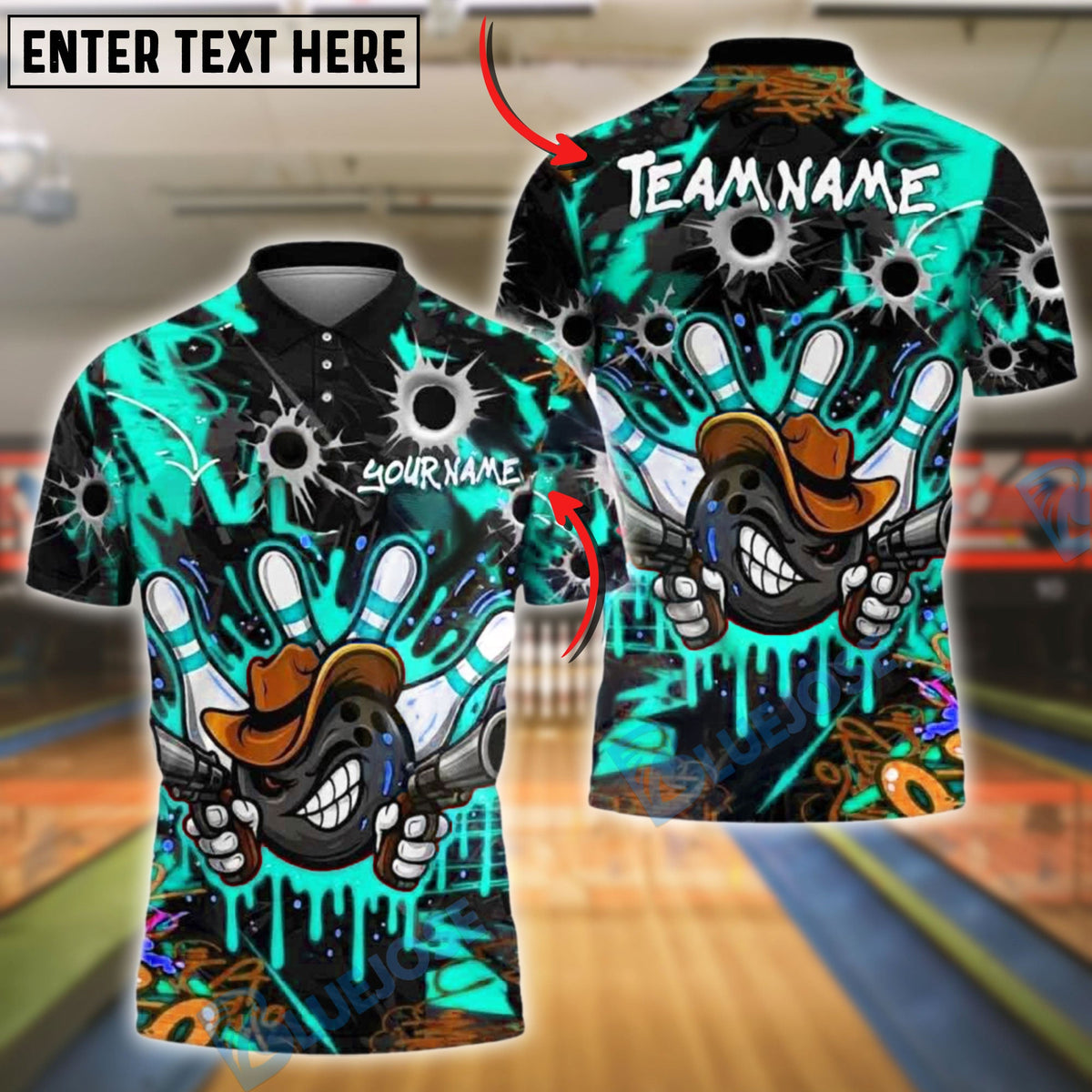 BlueJose Bowling Graffiti Cowboy With Bullet Holes Customized Name, Team Name 3D Shirt (4 Colors)