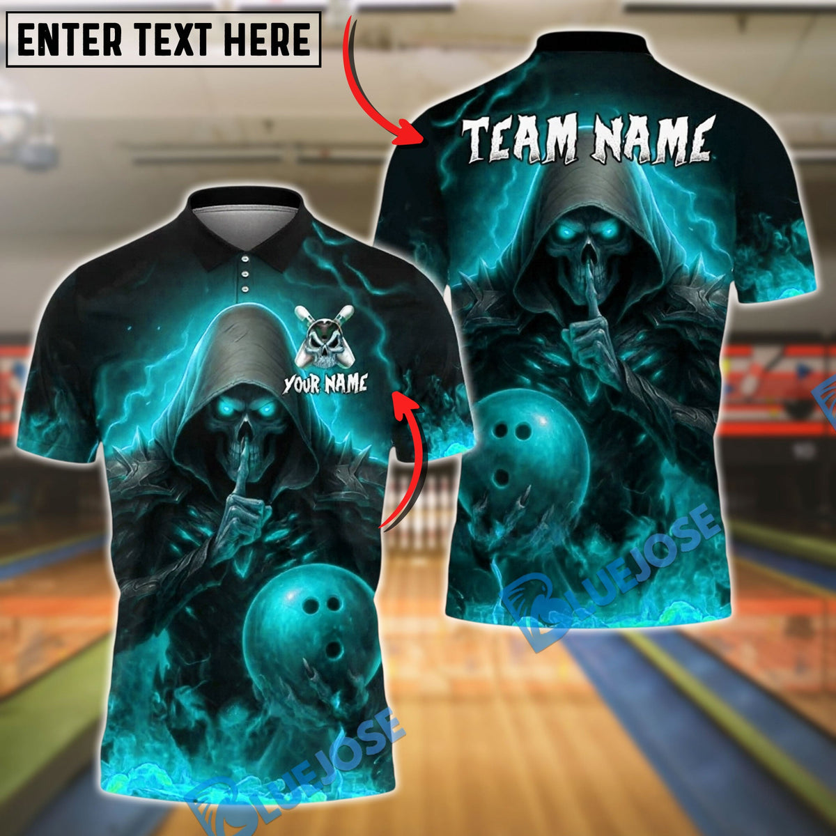 BlueJose Bowling And Pins Dark Reaper Customized Name, Team Name 3D Shirt (4 Colors)