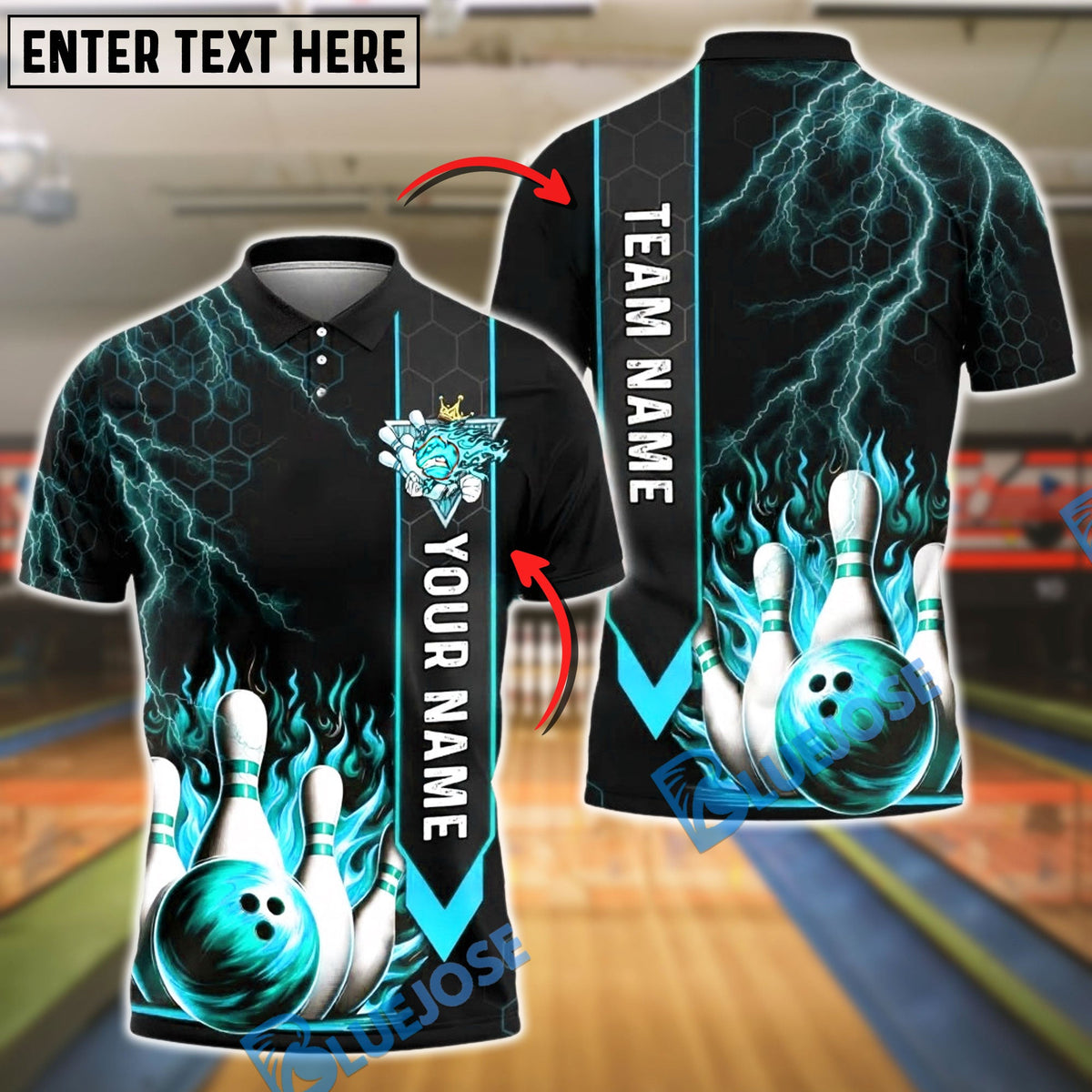 BlueJose Bowling And Pins Strike Flame Thunder Lightning Customized Name, Team Name 3D Shirt (4 Colors)
