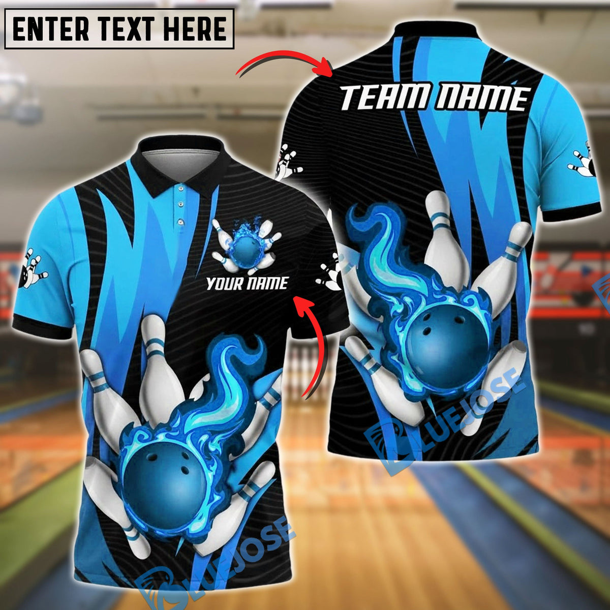 BlueJose Bowling And Pins Strike Flame Customized Name, Team Name 3D Shirt (4 Colors)