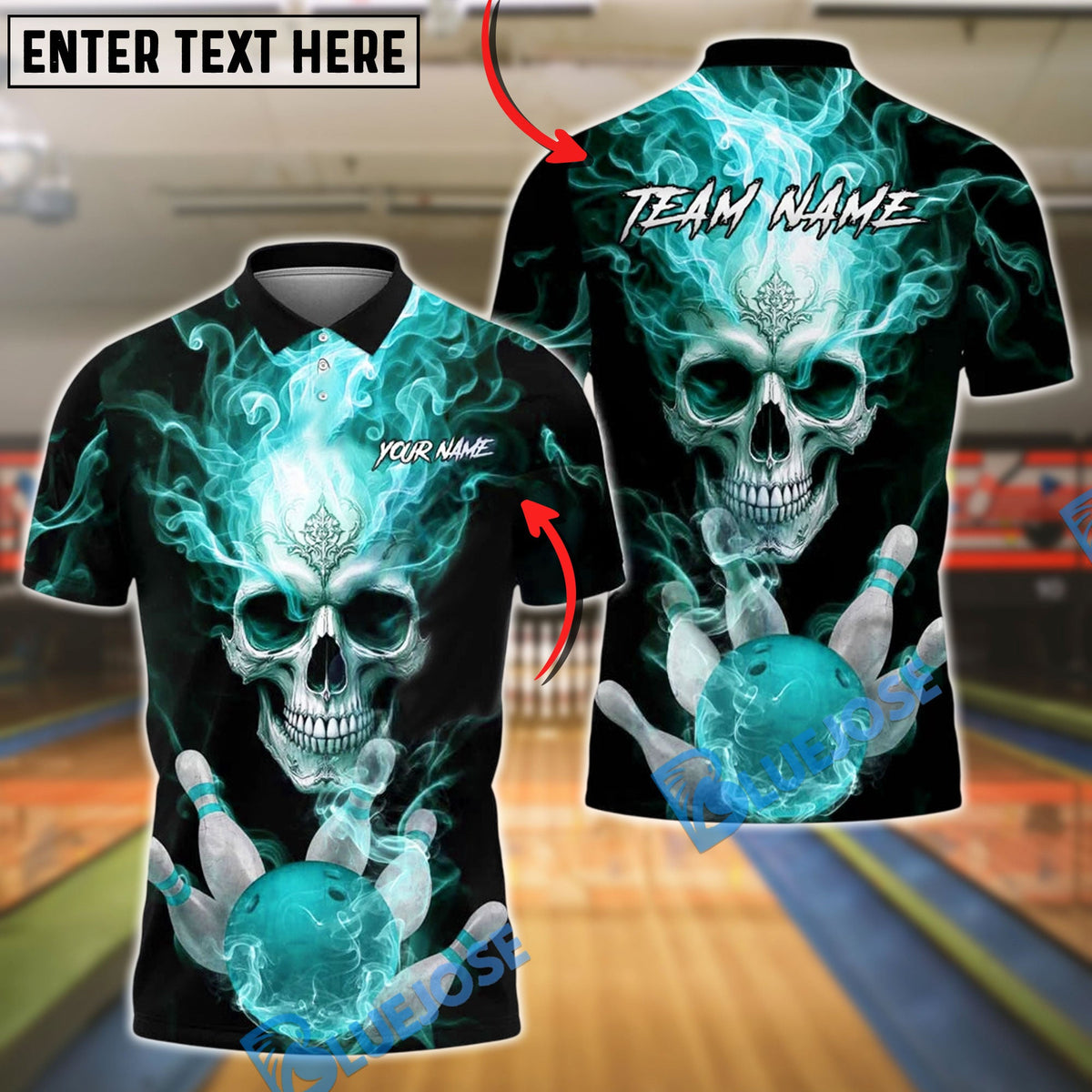 BlueJose Bowling And Pins Flaming King Smoke Skull Customized Name, Team Name 3D Shirt (4 Colors)