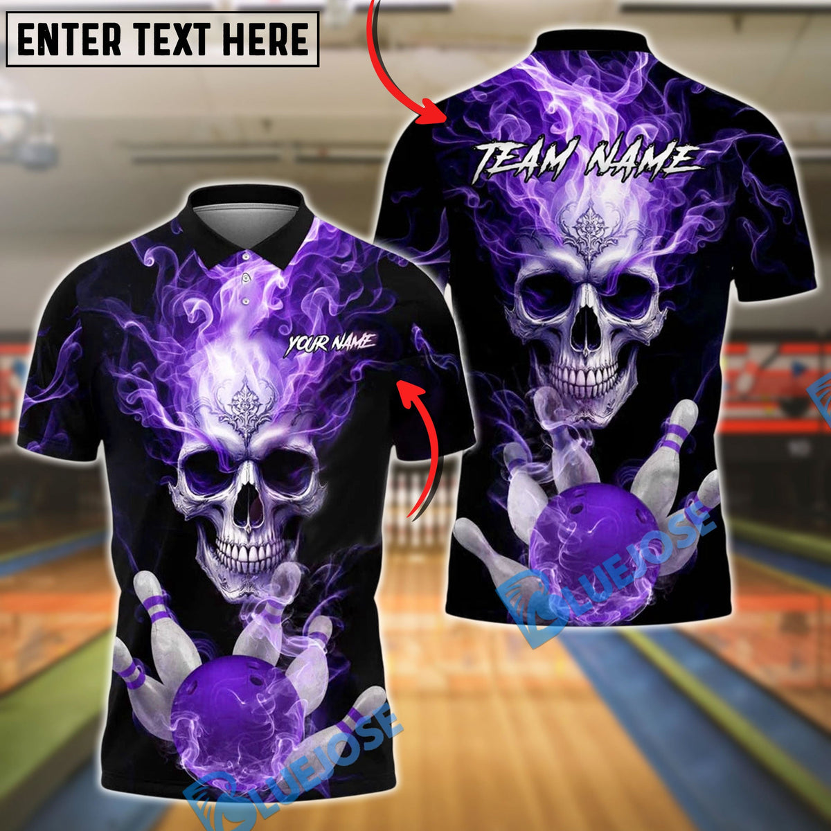 BlueJose Bowling And Pins Flaming King Smoke Skull Customized Name, Team Name 3D Shirt (4 Colors)