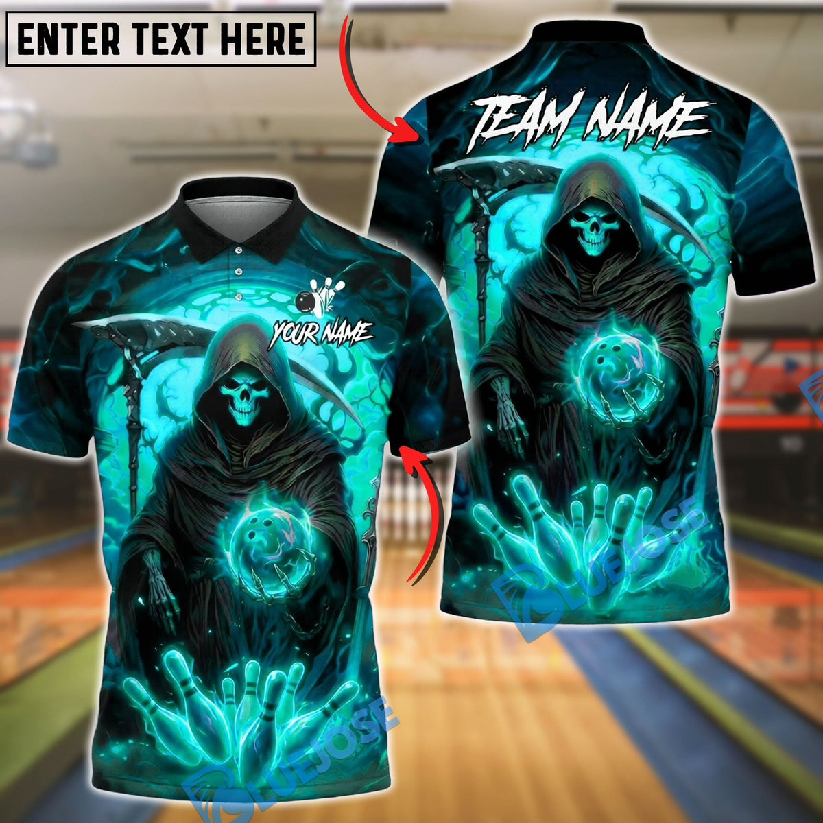 BlueJose Bowling And Pins Grim Reaper Mystic Customized Name, Team Name 3D Shirt (4 Colors)