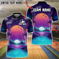 BlueJose Bowling And Pins Tropical Palm Sunset Synthwave Customized Name, Team Name 3D Shirt