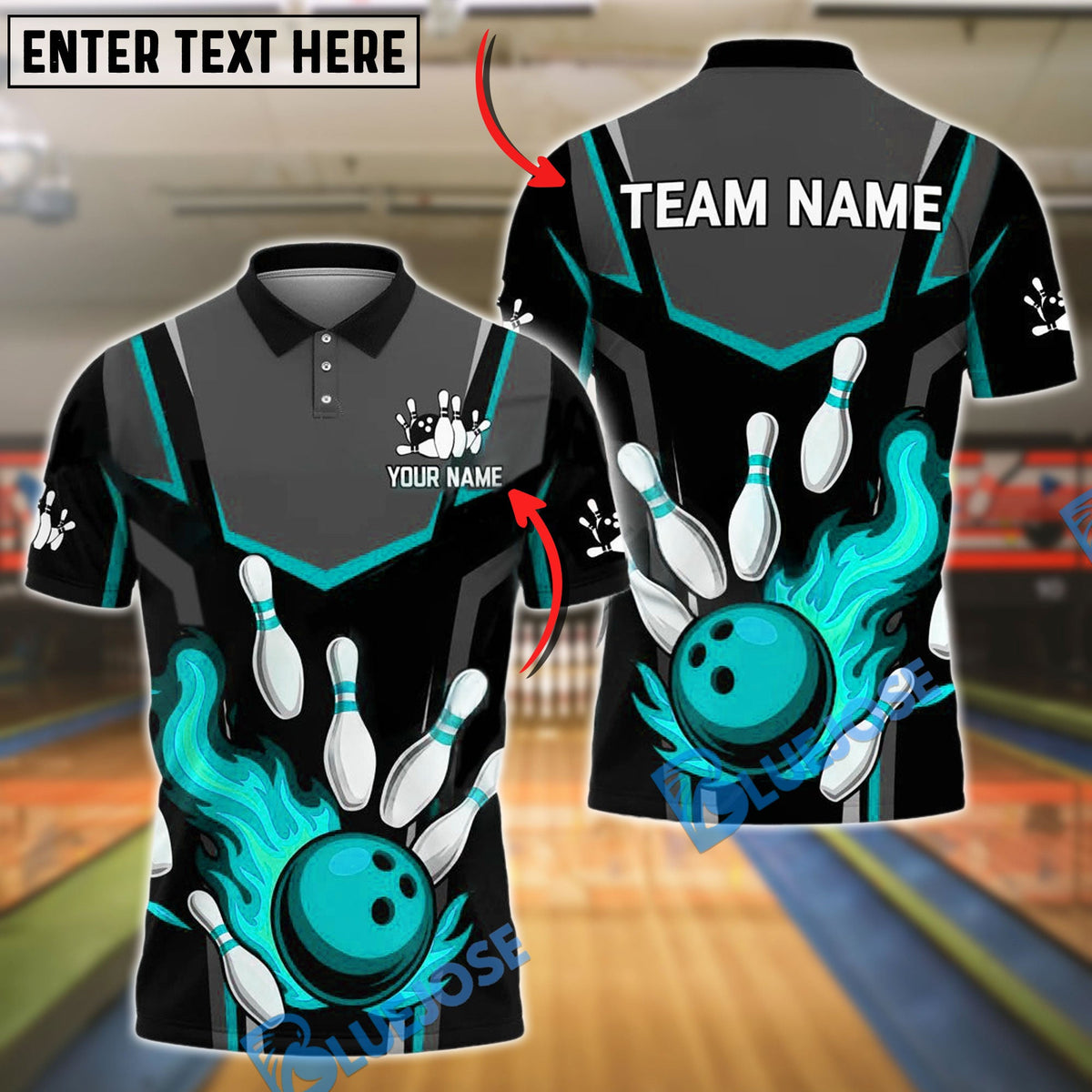 BlueJose Bowling And Pins Flaming Strike Customized Name, Team Name 3D Shirt (4 Colors)