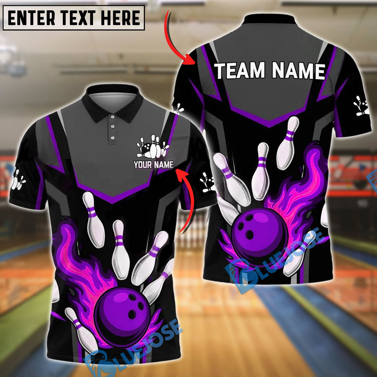 BlueJose Bowling And Pins Flaming Strike Customized Name, Team Name 3D Shirt (4 Colors)