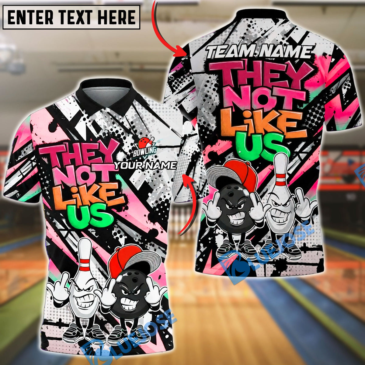 BlueJose Bowling & Pins Street Art ‚ÄúThey Not Like Us‚Äù Cartoon Customized Name, Team Name 3D Shirt (4 Colors)