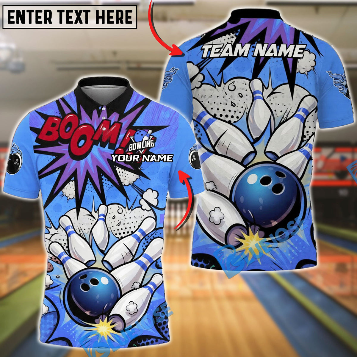 BlueJose Bowling & Pins Strike Comic Explosion Design Customized Name, Team Name 3D Shirt (4 Colors)