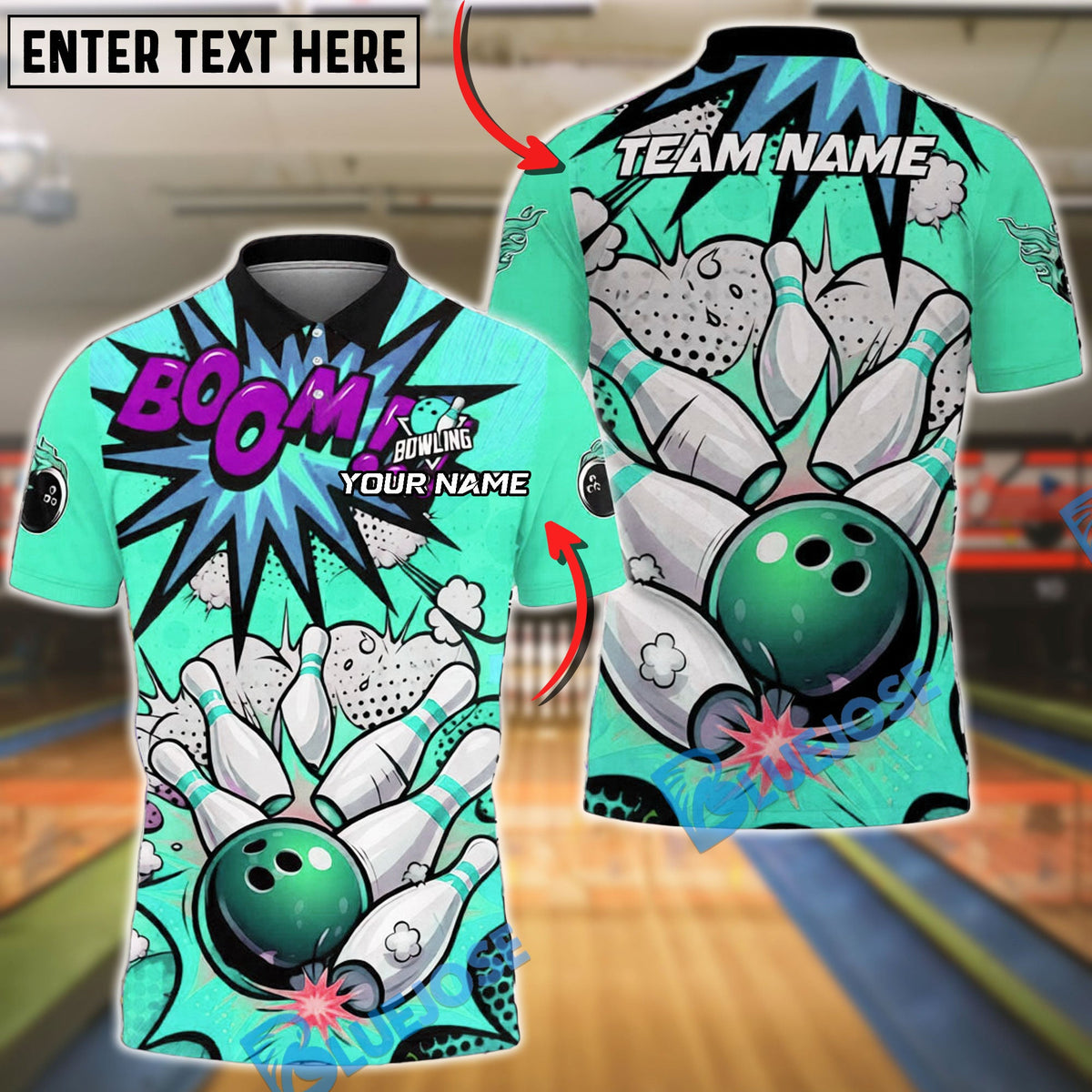 BlueJose Bowling & Pins Strike Comic Explosion Design Customized Name, Team Name 3D Shirt (4 Colors)