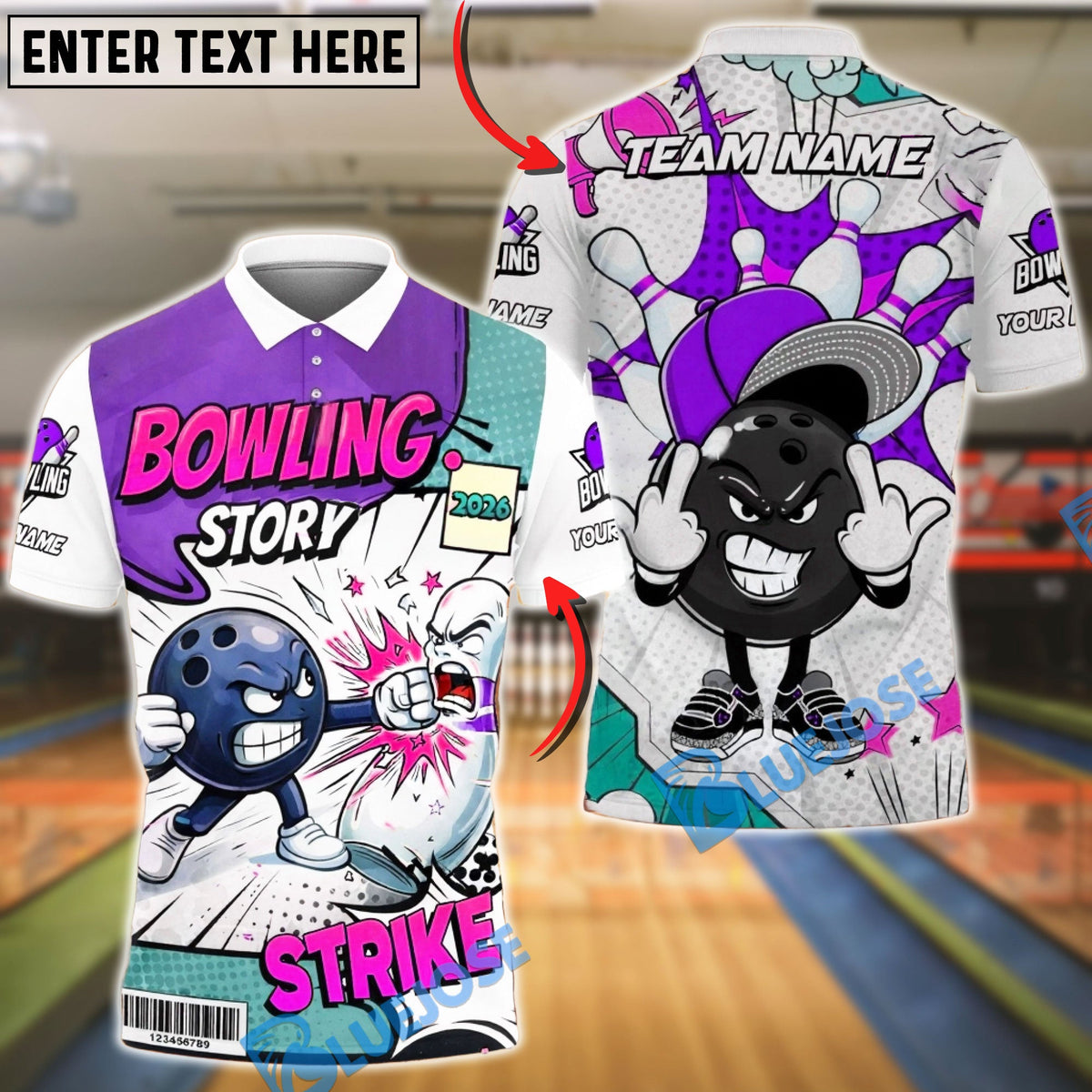 BlueJose Bowling & Pins Comic Character Strike Action Design Customized Name, Team Name 3D Shirt (4 Colors)
