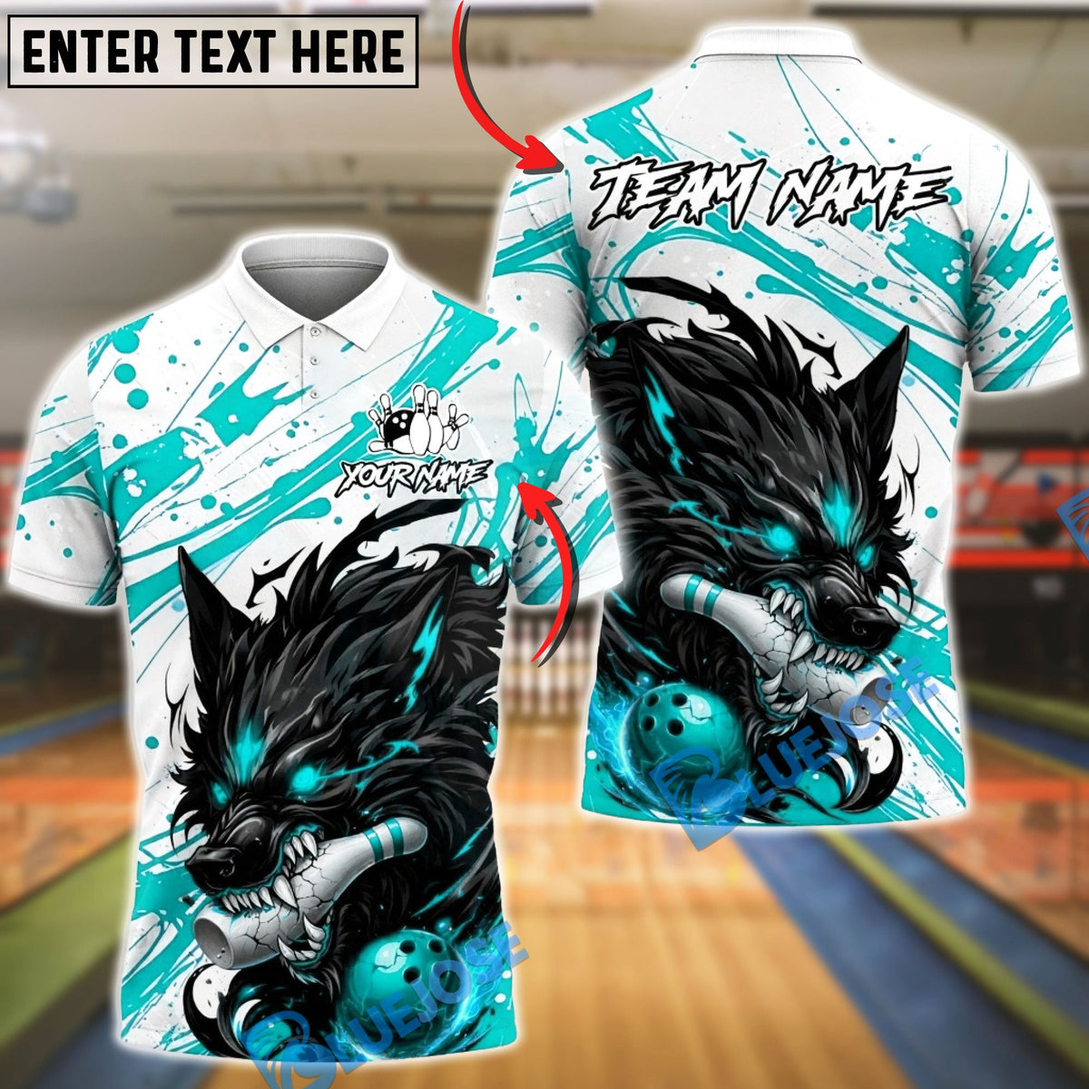 BlueJose Bowling & Pins Dark Wolf Fury Graphic Customized Name, Team Name 3D Shirt (4 Colors)