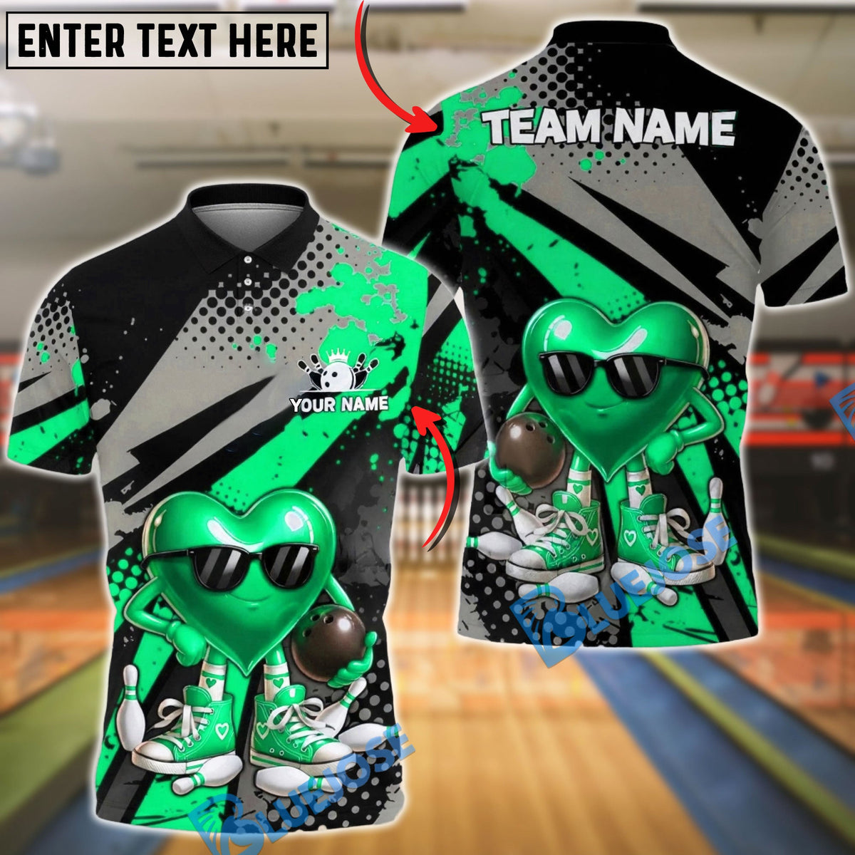 BlueJose Bowling & Pins Heart Character Cool Sunglasses Graphic Customized Name, Team Name 3D Shirt (4 Colors)