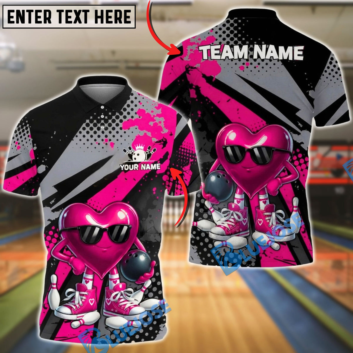 BlueJose Bowling & Pins Heart Character Cool Sunglasses Graphic Customized Name, Team Name 3D Shirt (4 Colors)