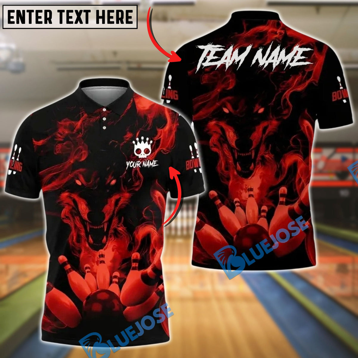 BlueJose Bowling And Pins Smoke Wolf Chaos Customized Name, Team Name 3D Shirt (4 Colors)
