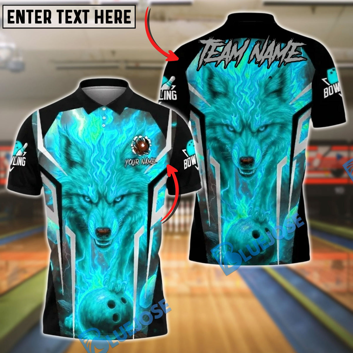 BlueJose Bowling And Pins Fire Wolf Flame Customized Name, Team Name 3D Shirt (4 Colors)