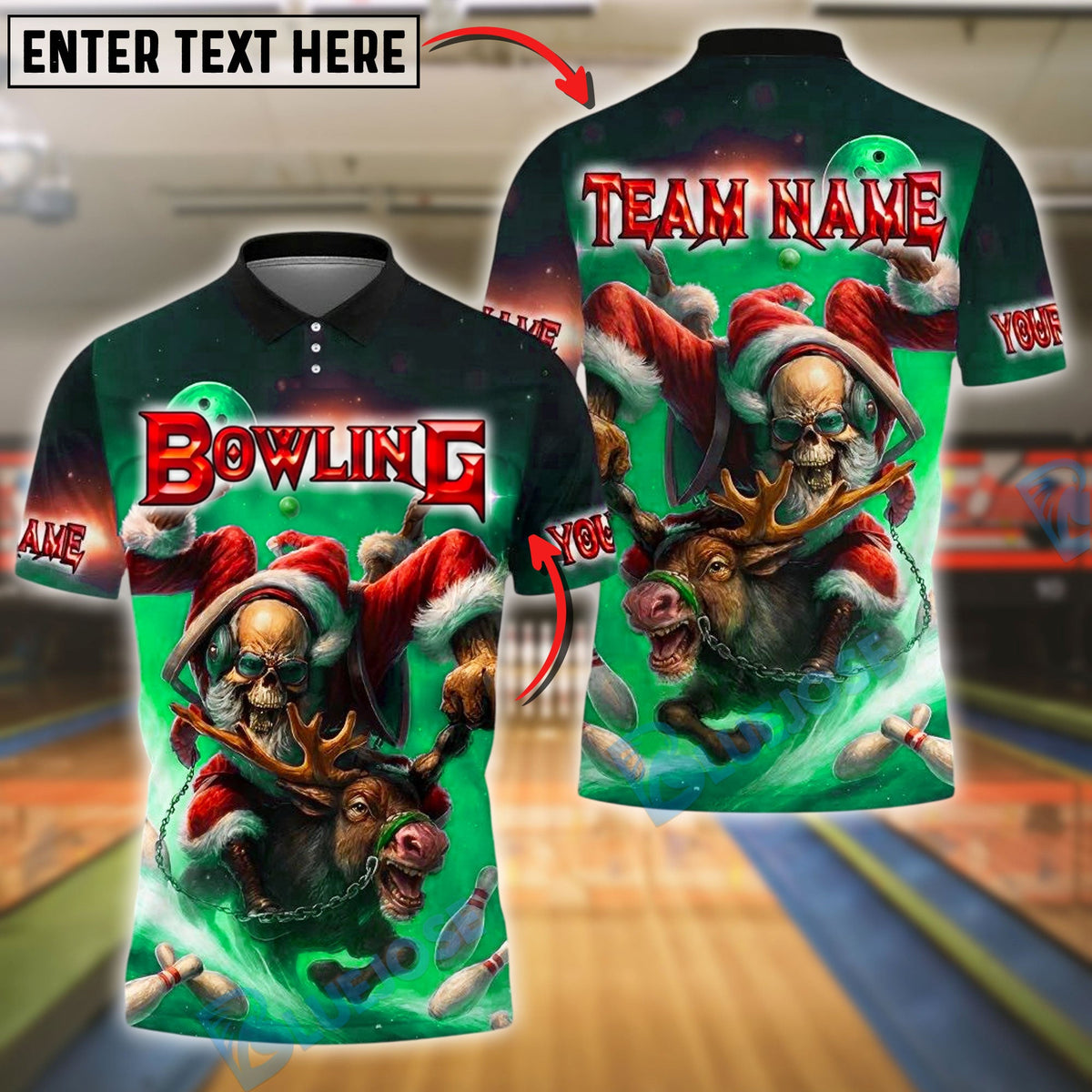 BlueJose Bowling And Pins Santa Skull Reindeer Ride Customized Name, Team Name 3D Shirt (4 Colors)
