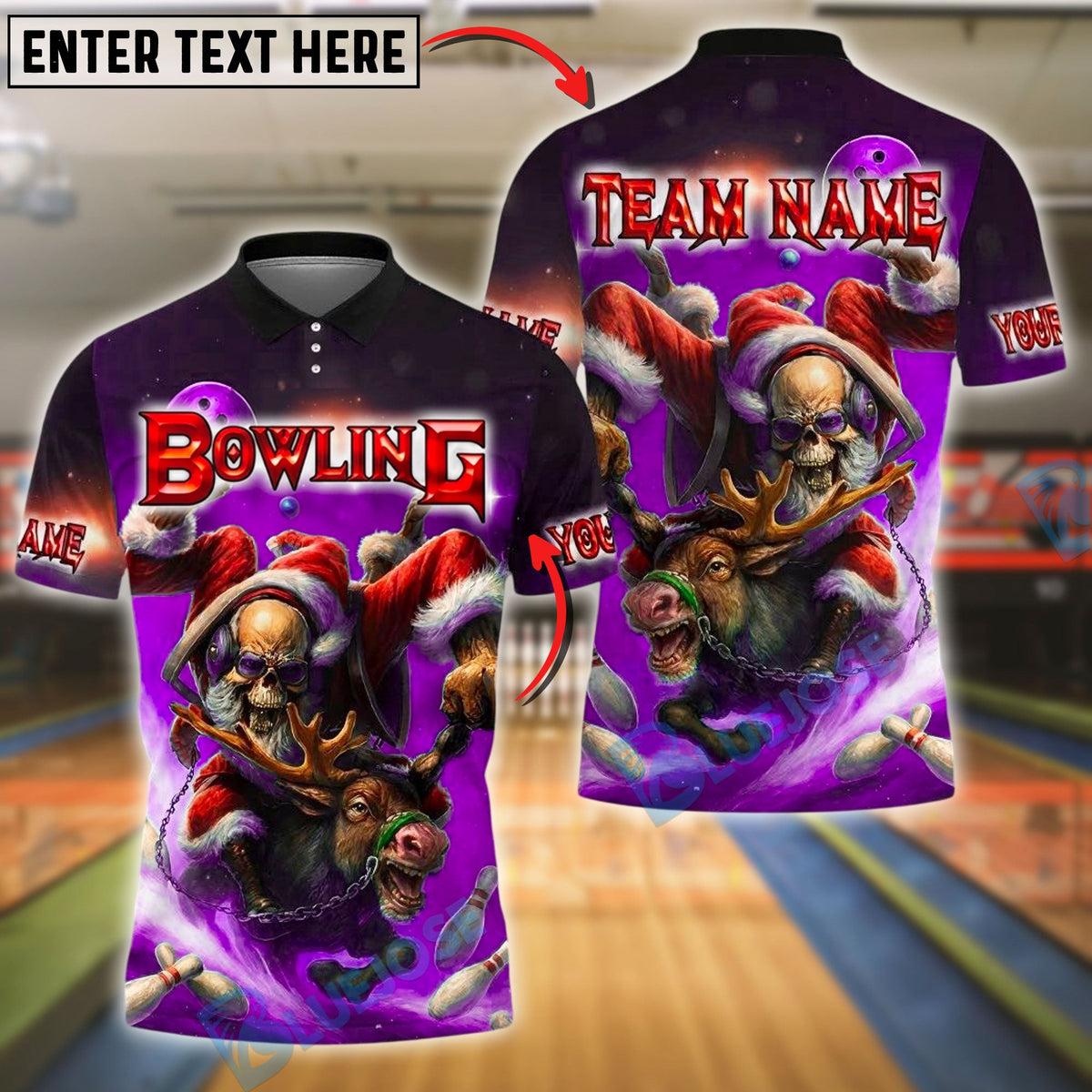 BlueJose Bowling And Pins Santa Skull Reindeer Ride Customized Name, Team Name 3D Shirt (4 Colors)