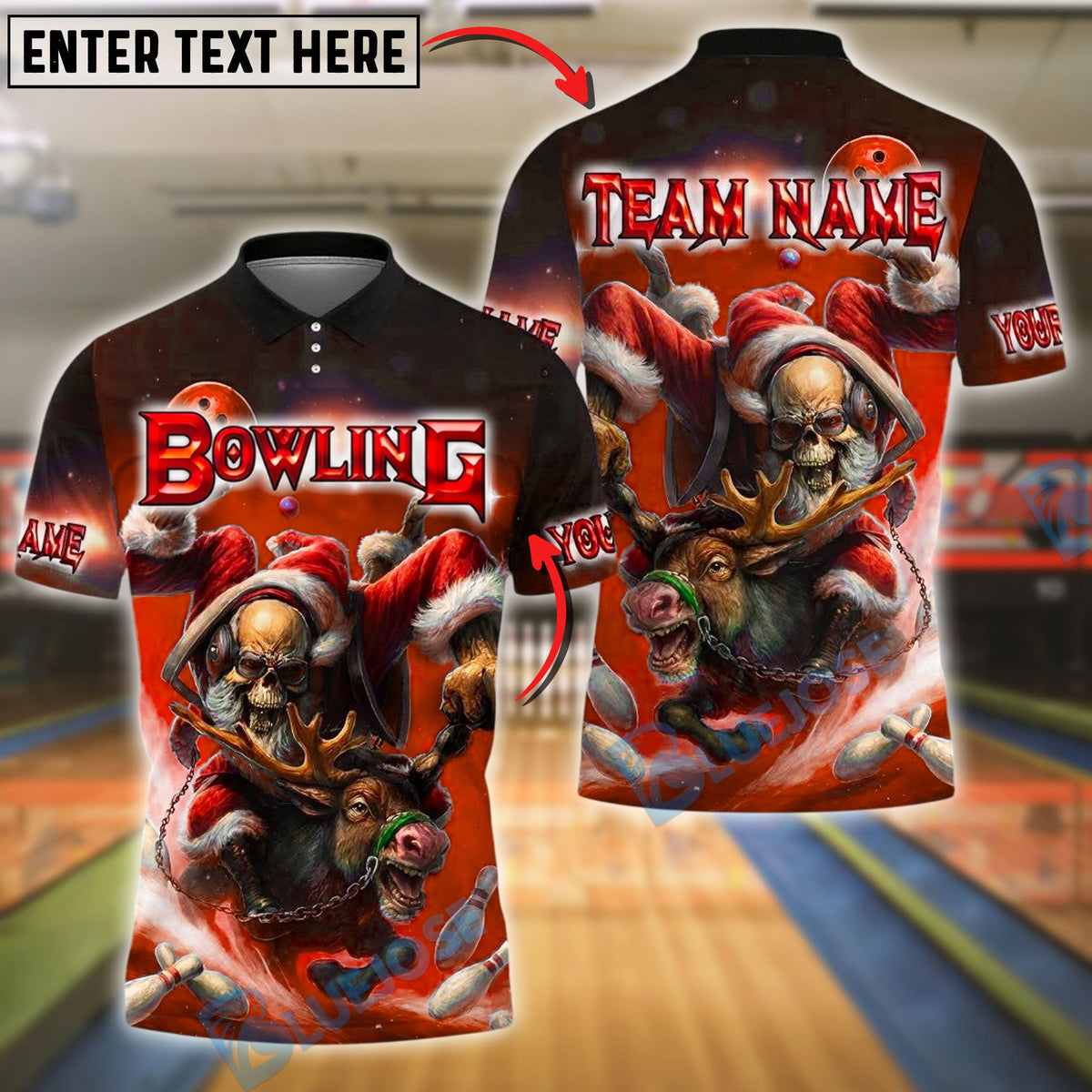 BlueJose Bowling And Pins Santa Skull Reindeer Ride Customized Name, Team Name 3D Shirt (4 Colors)