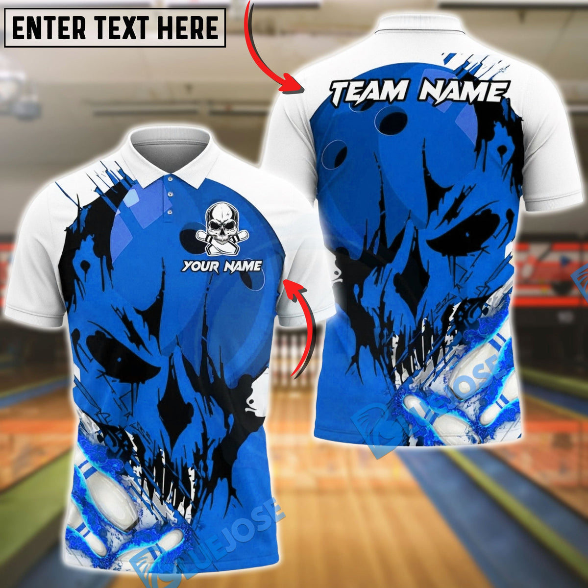 BlueJose Bowling & Pins Flaming Skull Strike Customized Name, Team Name 3D Shirt (4 Colors)