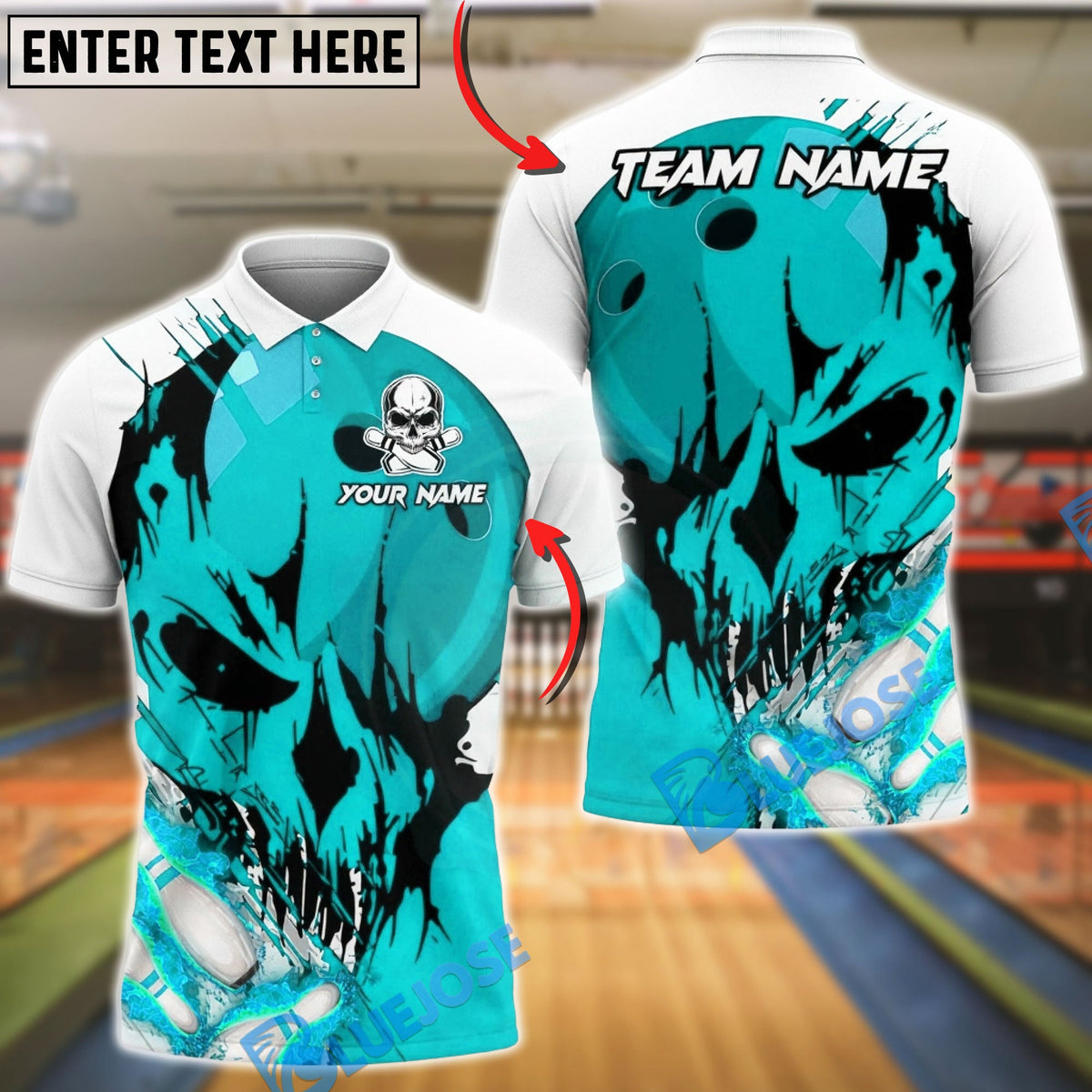 BlueJose Bowling & Pins Flaming Skull Strike Customized Name, Team Name 3D Shirt (4 Colors)