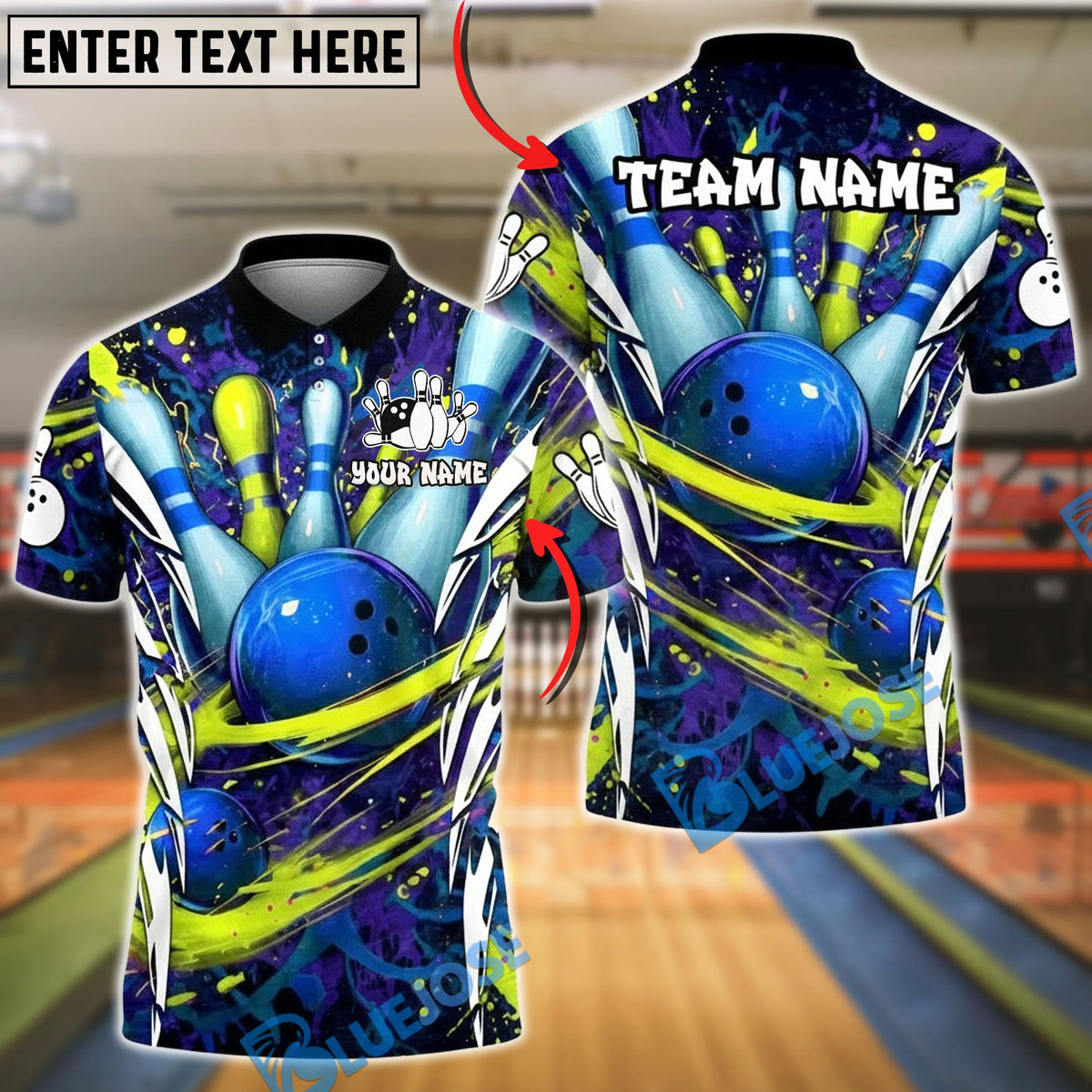 BlueJose Bowling & Pins Neon Splash Art Customized Name, Team Name 3D Shirt (4 Colors)