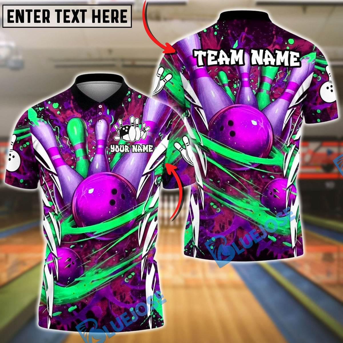 BlueJose Bowling & Pins Neon Splash Art Customized Name, Team Name 3D Shirt (4 Colors)