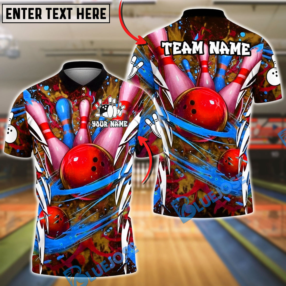 BlueJose Bowling & Pins Neon Splash Art Customized Name, Team Name 3D Shirt (4 Colors)