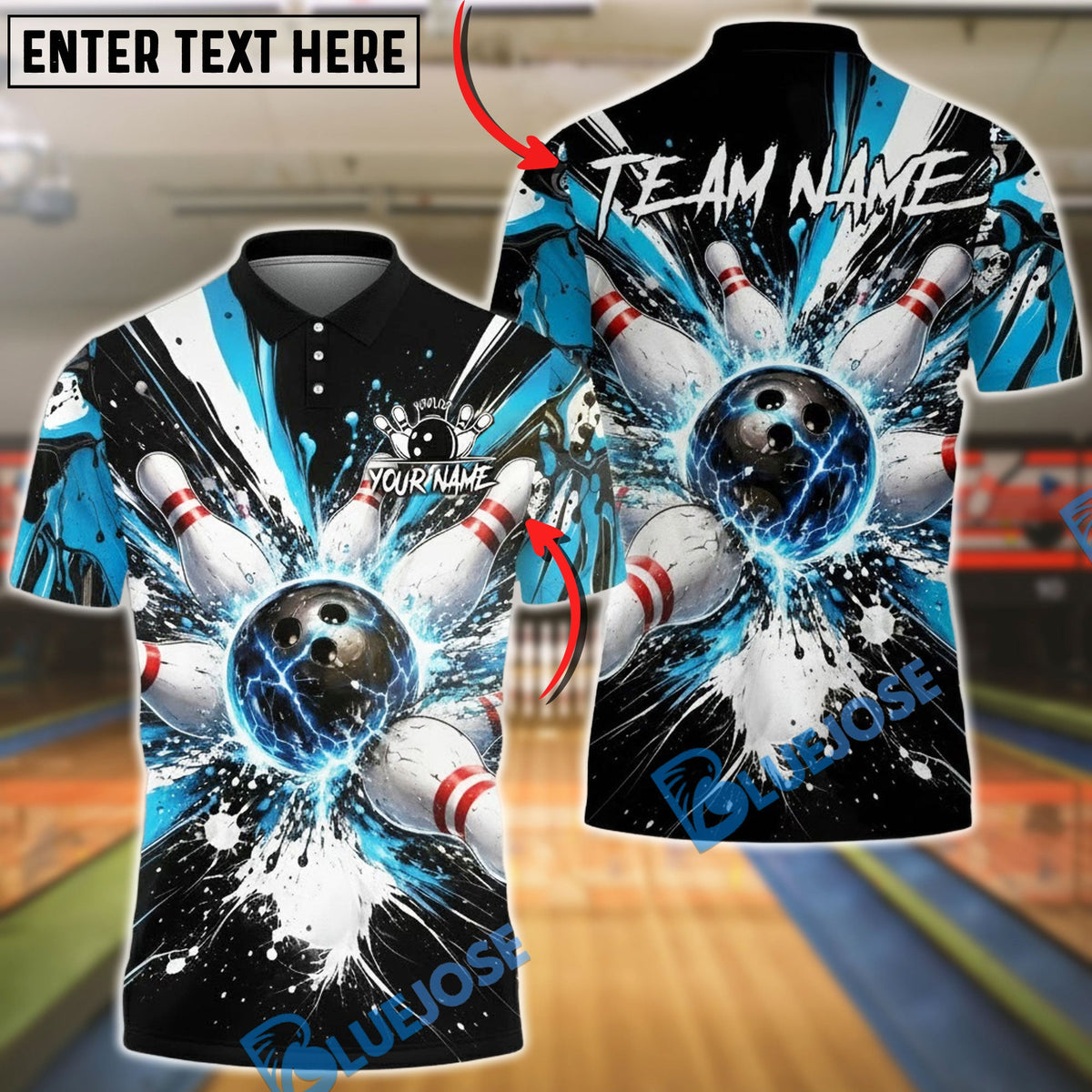 BlueJose Bowling & Pins Electric Strike Explosion Customized Name, Team Name 3D Shirt (4 Colors)