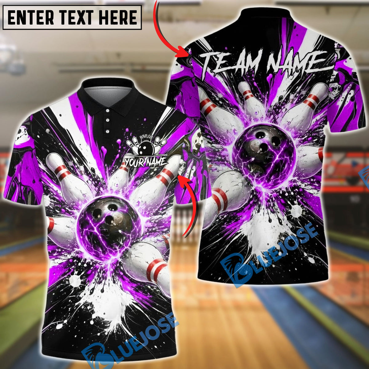 BlueJose Bowling & Pins Electric Strike Explosion Customized Name, Team Name 3D Shirt (4 Colors)
