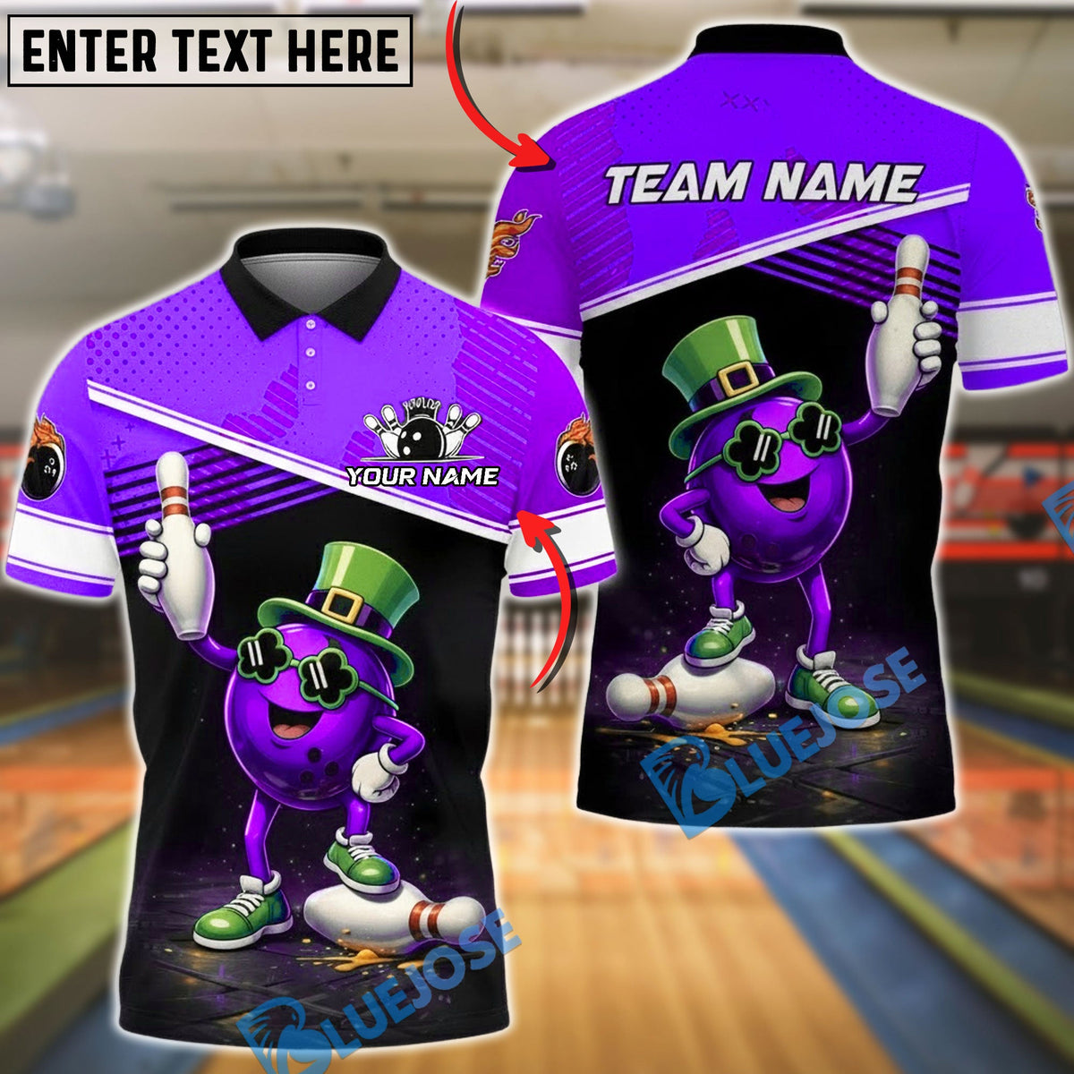 BlueJose Bowling & Pins Cartoon Irish Ball Lucky Character Customized Name, Team Name 3D Shirt (4 Colors)