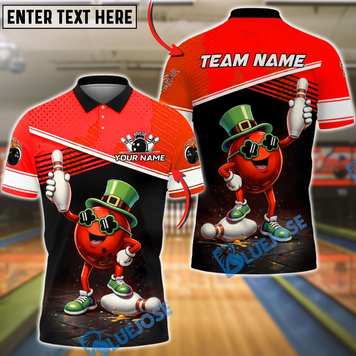 BlueJose Bowling & Pins Cartoon Irish Ball Lucky Character Customized Name, Team Name 3D Shirt (4 Colors)