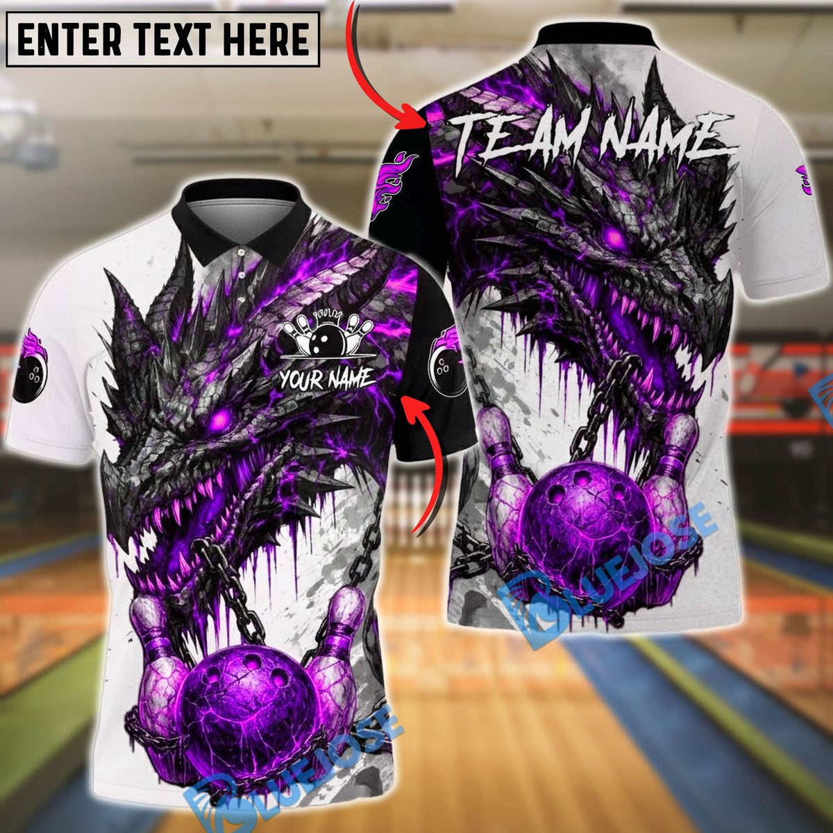 BlueJose Bowling & Pins Fire Dragon Chained Customized Name, Team Name 3D Shirt (4 Colors)