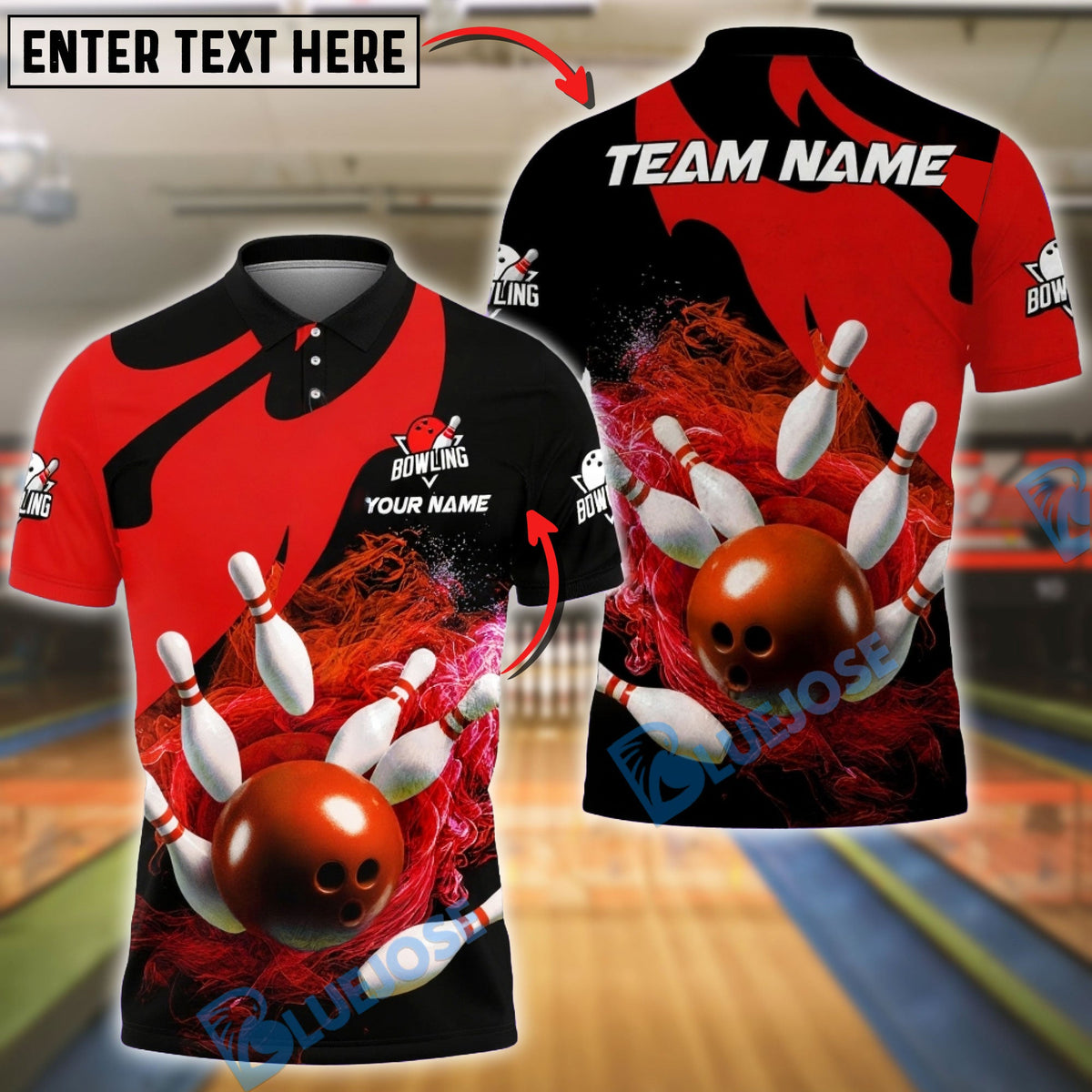 BlueJose Bowling & Pins Flame Swirl Power Shot Customized Name, Team Name 3D Shirt (4 Colors)