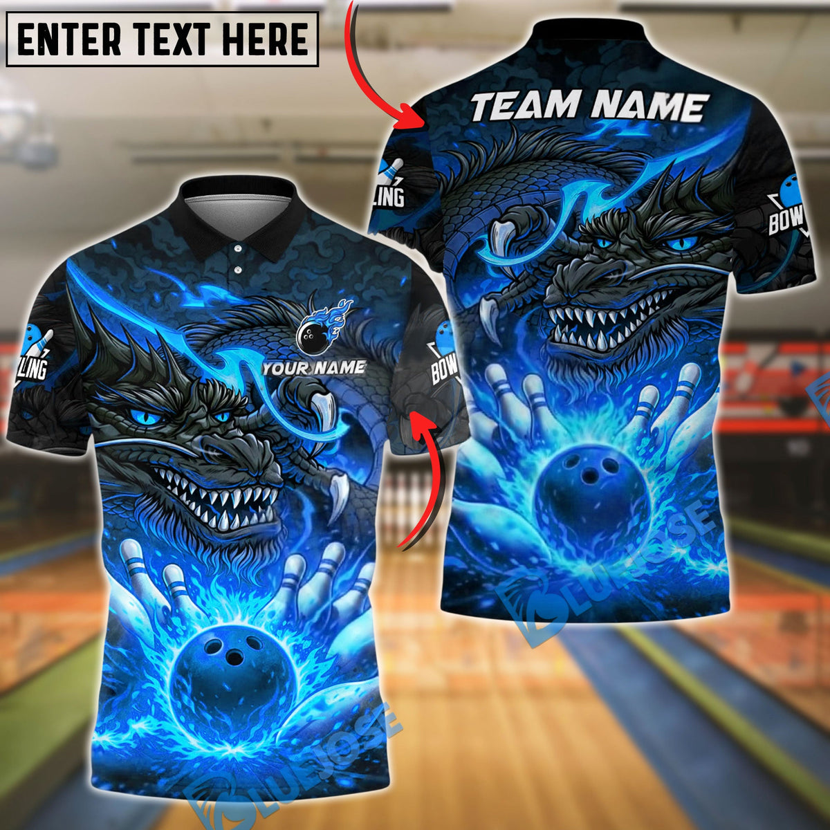 BlueJose Bowling & Pins Dark Dragon Lava Strike Customized Name, Team Name 3D Shirt (4 Colors)