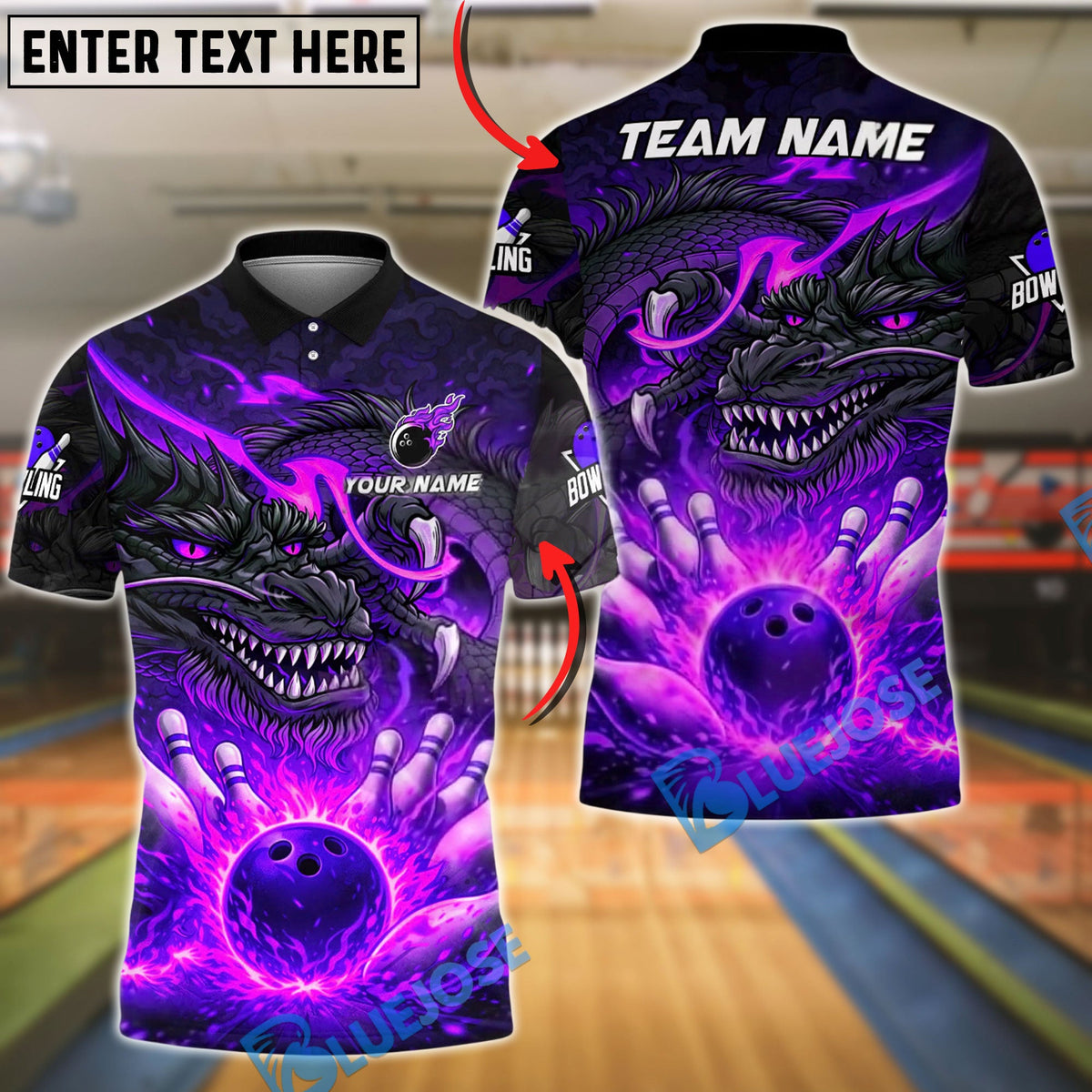 BlueJose Bowling & Pins Dark Dragon Lava Strike Customized Name, Team Name 3D Shirt (4 Colors)