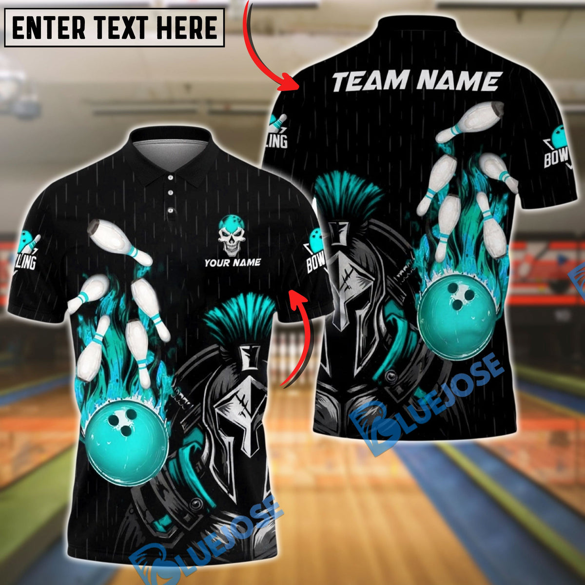 BlueJose Bowling & Pins Spartan Warrior Fire Strike Customized Name, Team Name 3D Shirt (4 Colors)